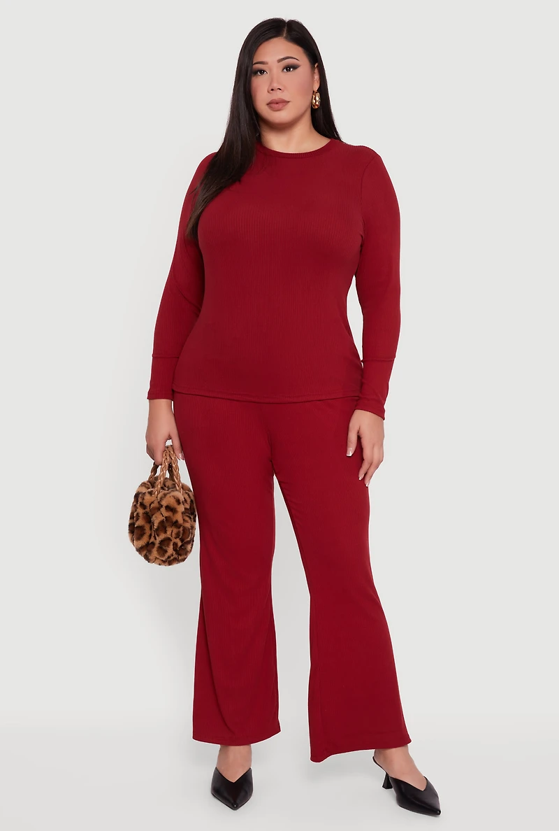 Womens Plus Size Ribbed Knit Long Sleeve Top, Burgundy, Size 3X