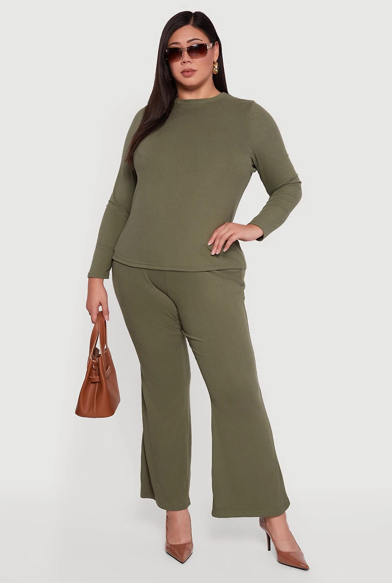 Womens Plus High Waisted Rib Knit Flare Leg Pants, Green,