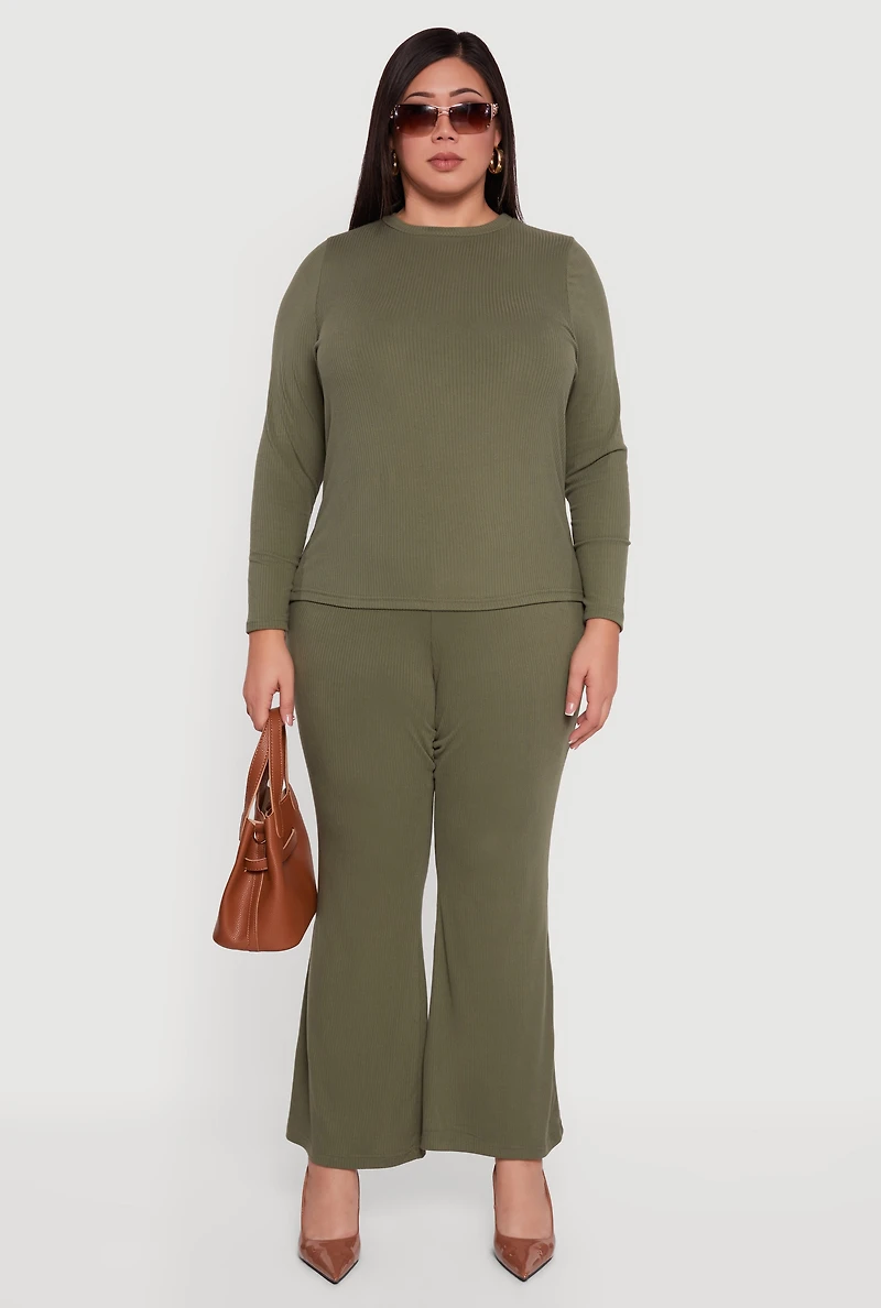 Womens Plus High Waisted Rib Knit Flare Leg Pants, Green,