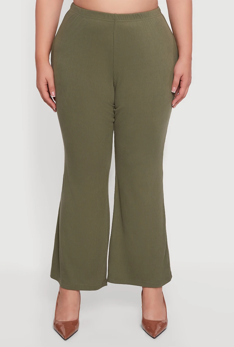 Womens Plus High Waisted Rib Knit Flare Leg Pants, Green,