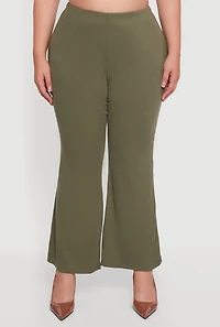 Womens Plus High Waisted Rib Knit Flare Leg Pants, Green,