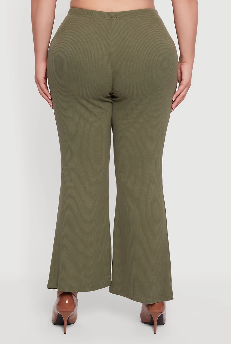 Plus High Waisted Rib Knit Flare Leg Pants