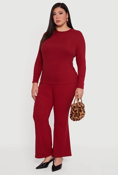 Plus High Waisted Rib Knit Flare Leg Pants