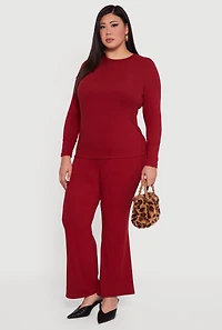 Plus High Waisted Rib Knit Flare Leg Pants