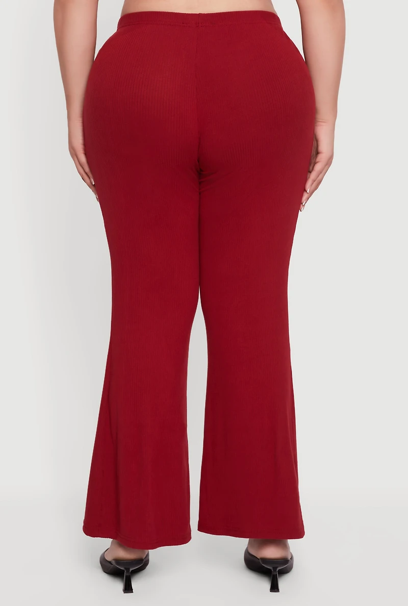 Plus High Waisted Rib Knit Flare Leg Pants