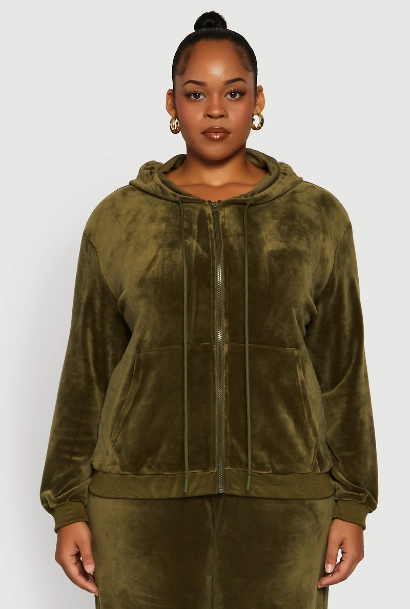 Womens Plus Size Velour Zip Front Hooded Sweatshirt, Green, Size 1X