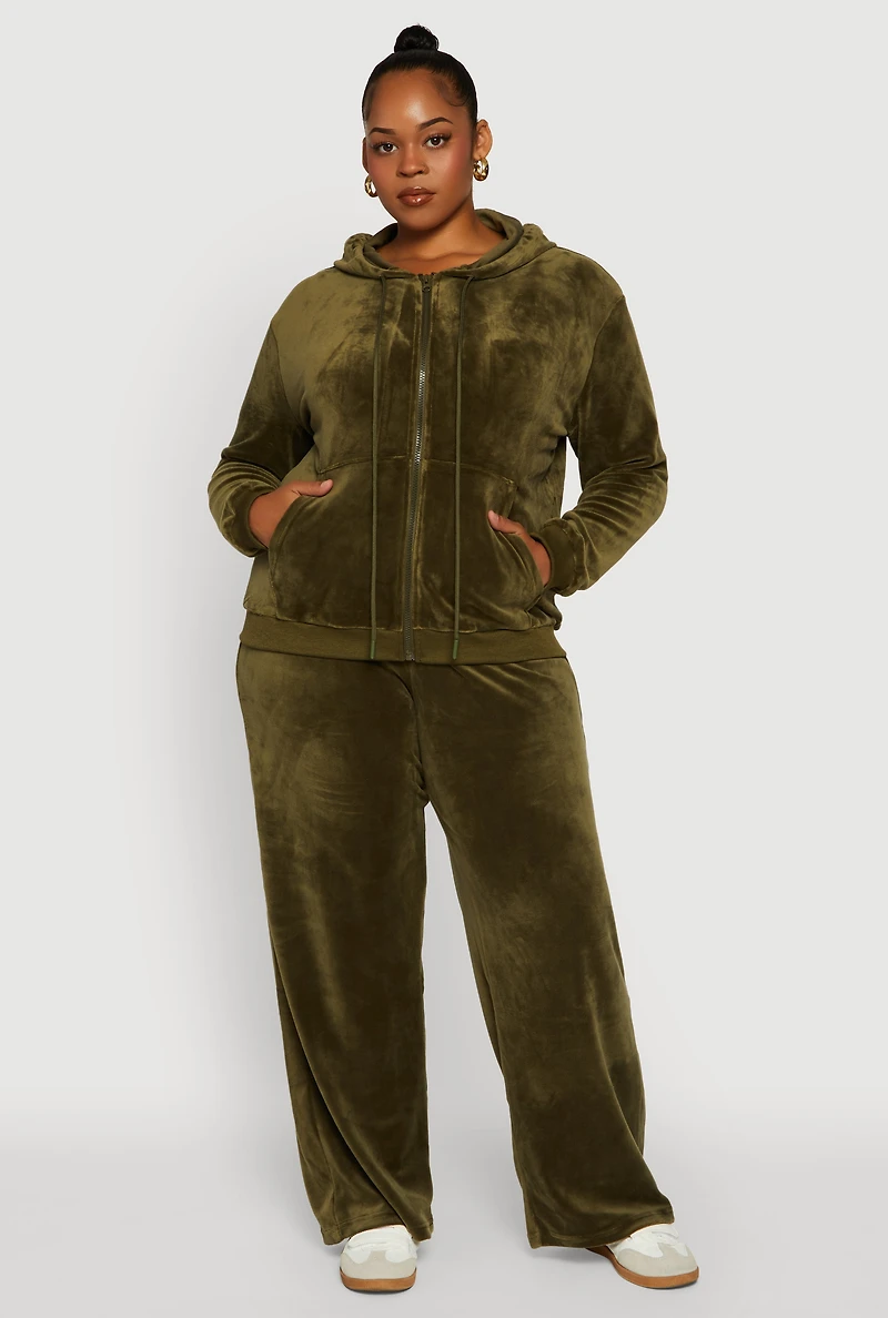 Womens Plus Size Velour Zip Front Hooded Sweatshirt, Green, Size 1X