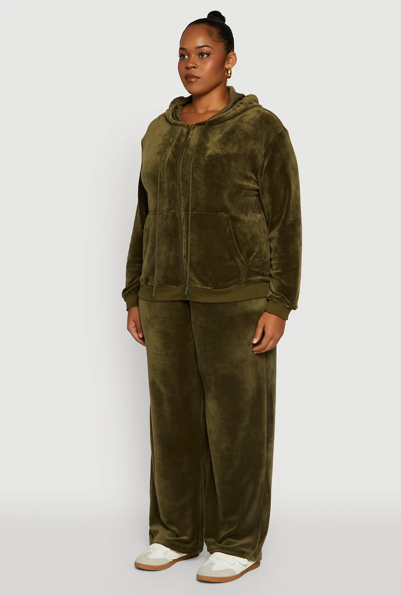 Womens Plus Size Velour Zip Front Hooded Sweatshirt, Green, Size 1X
