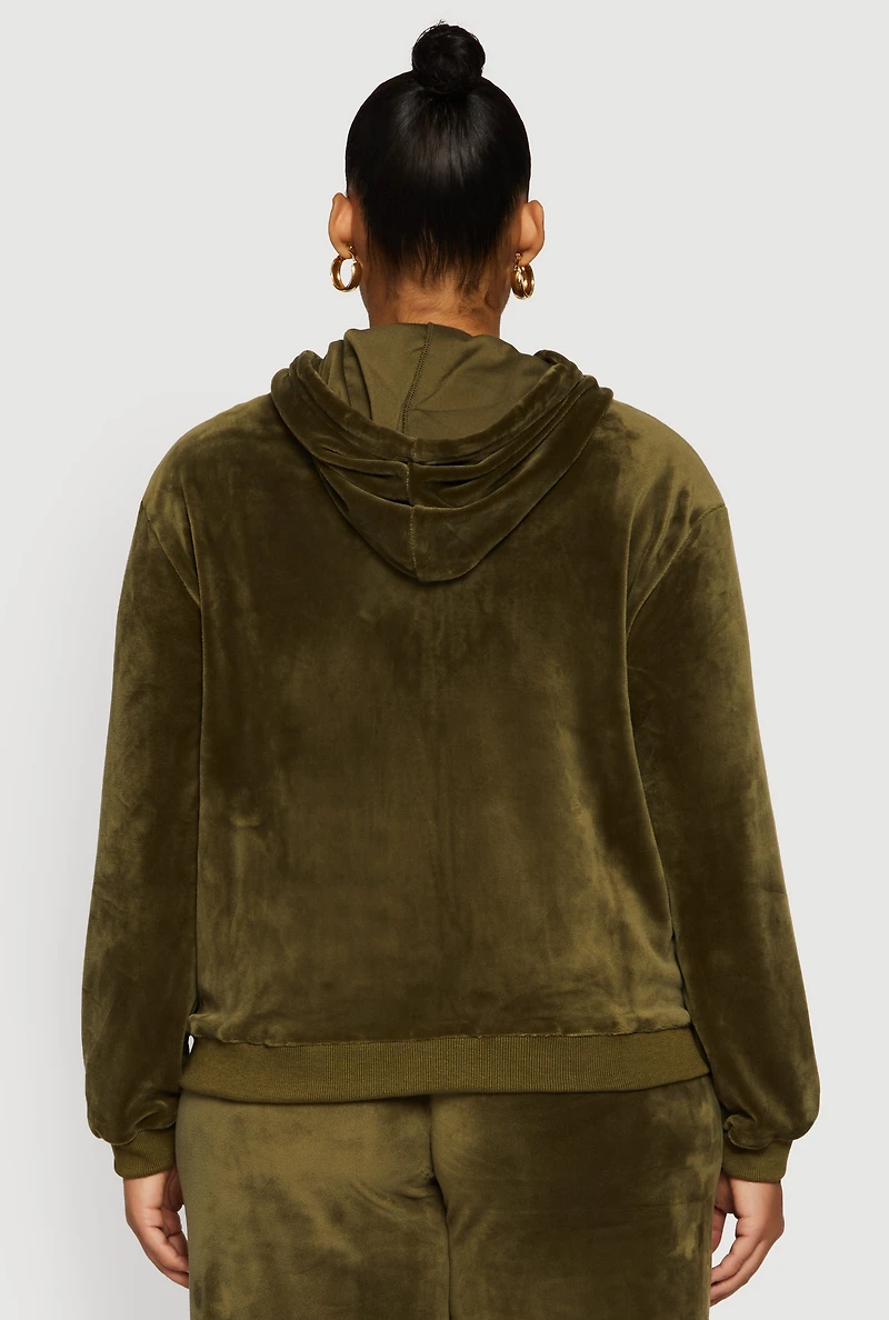 Womens Plus Size Velour Zip Front Hooded Sweatshirt, Green, Size 1X