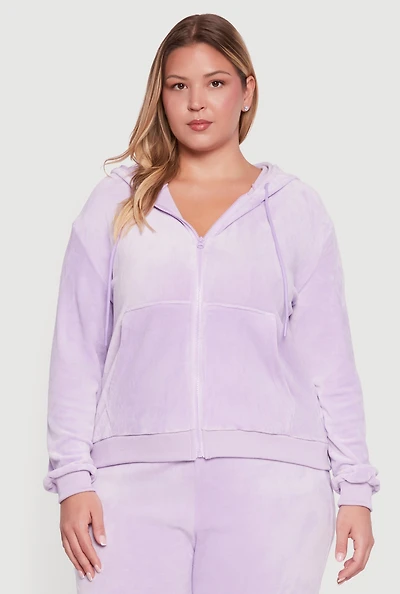 Plus Velour Zip Front Hooded Sweatshirt