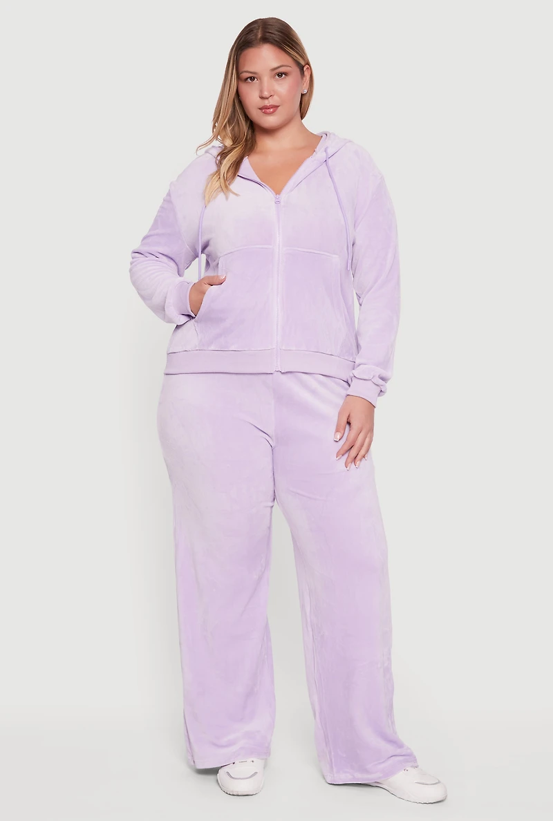 Womens Plus Size Velour Zip Front Hooded Sweatshirt, Purple, Size 2X
