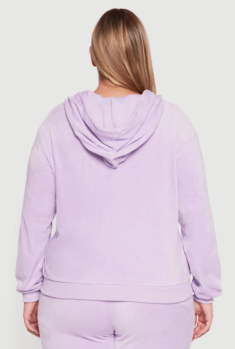 Womens Plus Size Velour Zip Front Hooded Sweatshirt, Purple, Size 2X