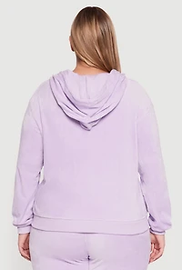 Womens Plus Size Velour Zip Front Hooded Sweatshirt, Purple, Size 2X