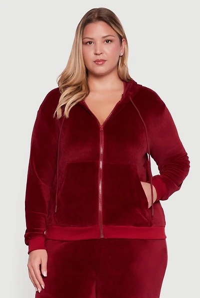 Womens Plus Velour Zip Front Hooded Sweatshirt,