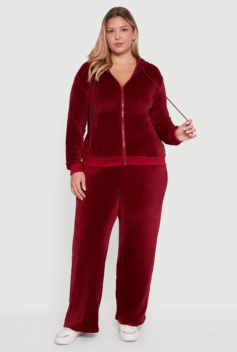 Plus Velour Zip Front Hooded Sweatshirt