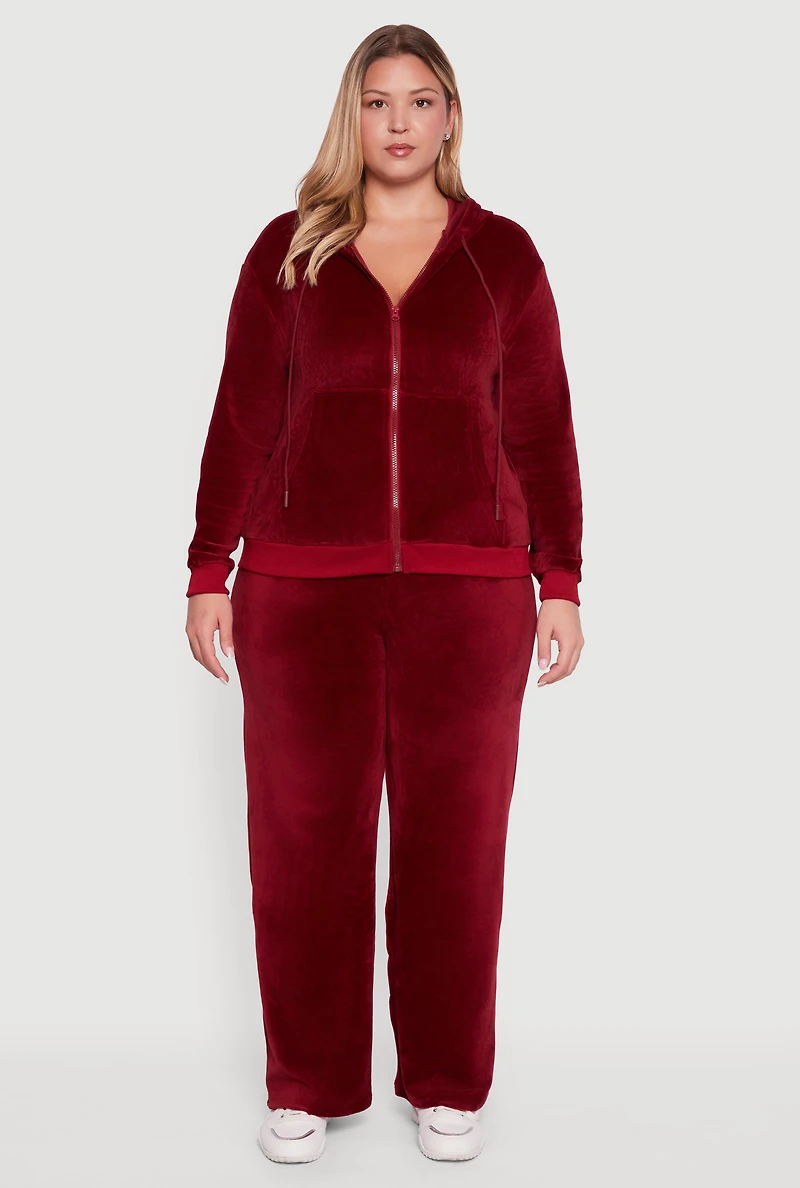 Womens Plus Velour Zip Front Hooded Sweatshirt,