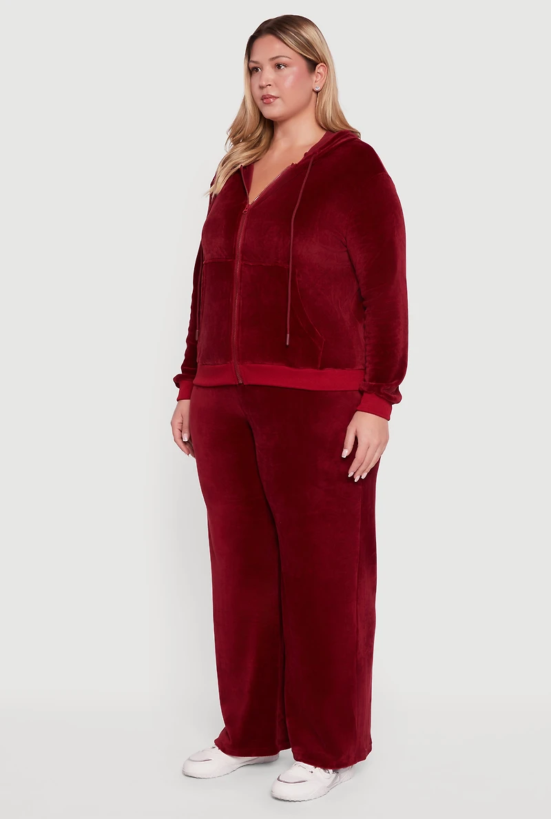 Womens Plus Velour Zip Front Hooded Sweatshirt,