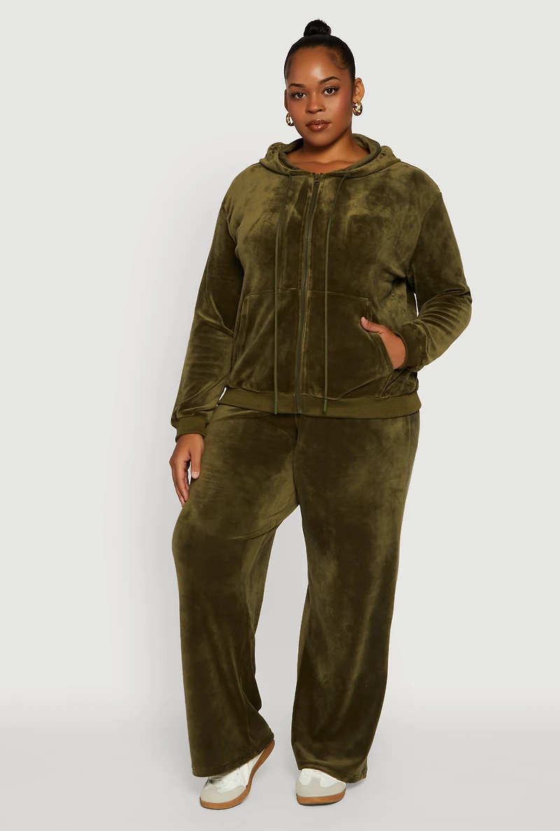 Womens Plus Velour High Waisted Wide Leg Sweatpants, Green,