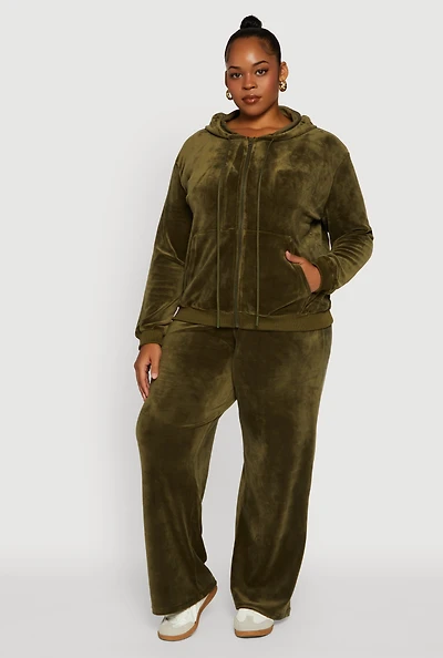 Womens Plus Velour High Waisted Wide Leg Sweatpants, Green,