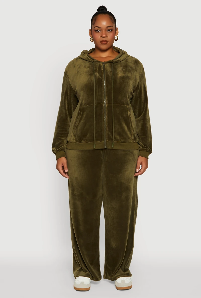 Womens Plus Velour High Waisted Wide Leg Sweatpants, Green,