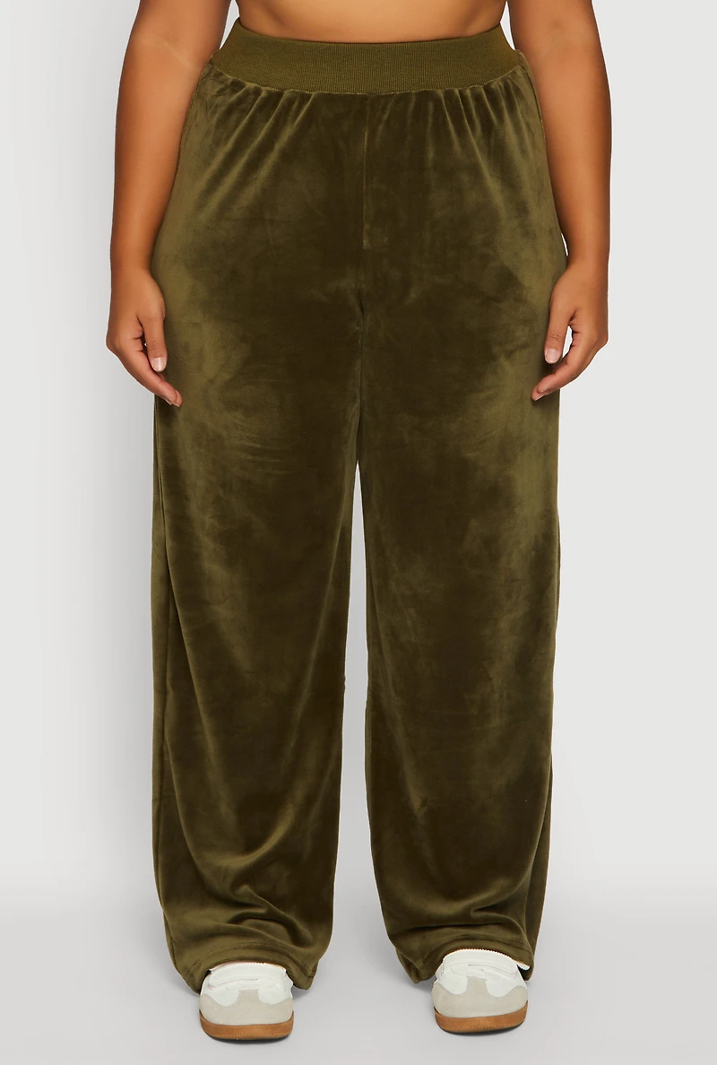 Womens Plus Velour High Waisted Wide Leg Sweatpants, Green,