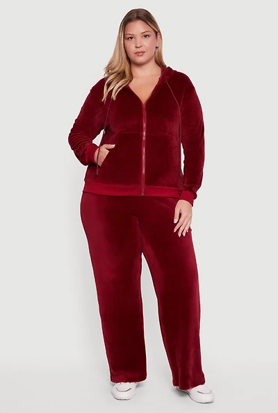 Womens Plus Velour High Waisted Wide Leg Sweatpants, Burgundy,
