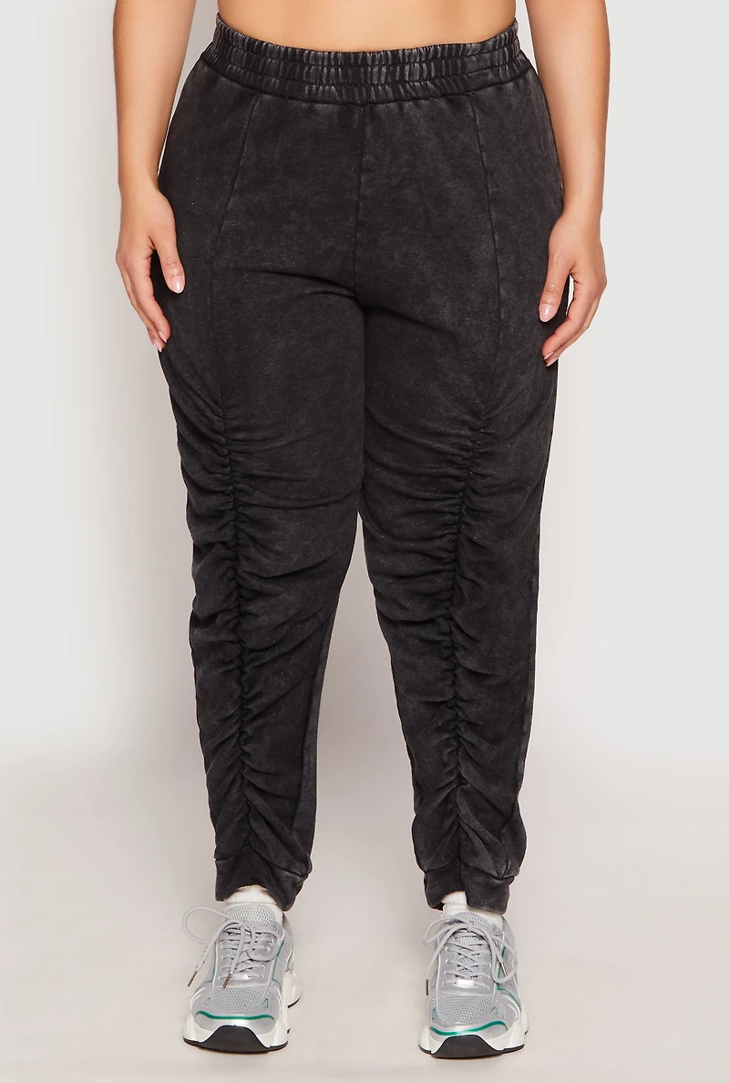 Womens Plus Size French Terry Acid Wash Ruched Joggers, Black, Size 2X