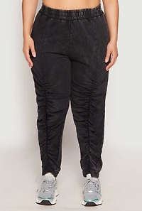 Womens Plus Size French Terry Acid Wash Ruched Joggers, Black, Size 2X