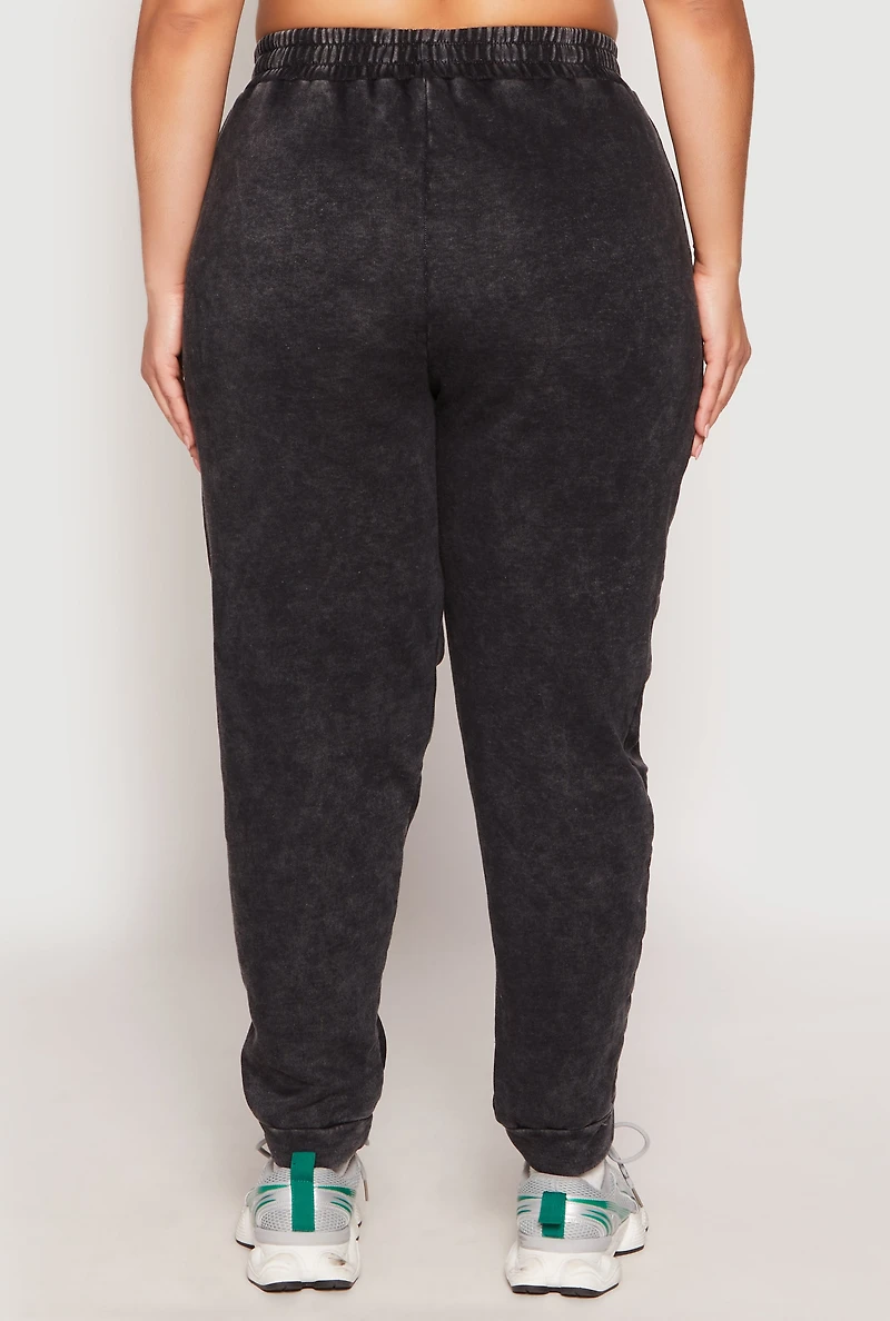 Womens Plus Size French Terry Acid Wash Ruched Joggers, Black, Size 2X