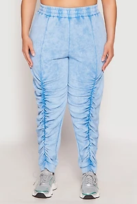Womens Plus Size French Terry Acid Wash Ruched Joggers, Blue, Size 2X