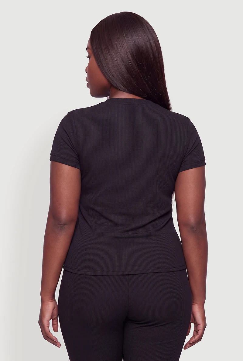 Plus Ribbed Knit Short Sleeve Crew Neck Top