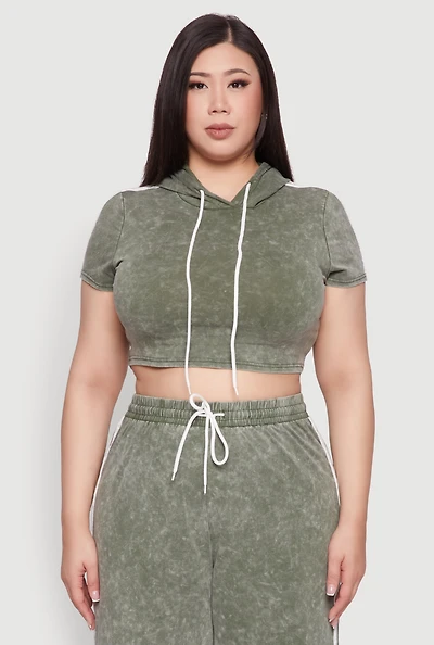 Womens Plus Daisy Mineral Wash Cropped Hooded T Shirt with Varsity Stripe, Green,