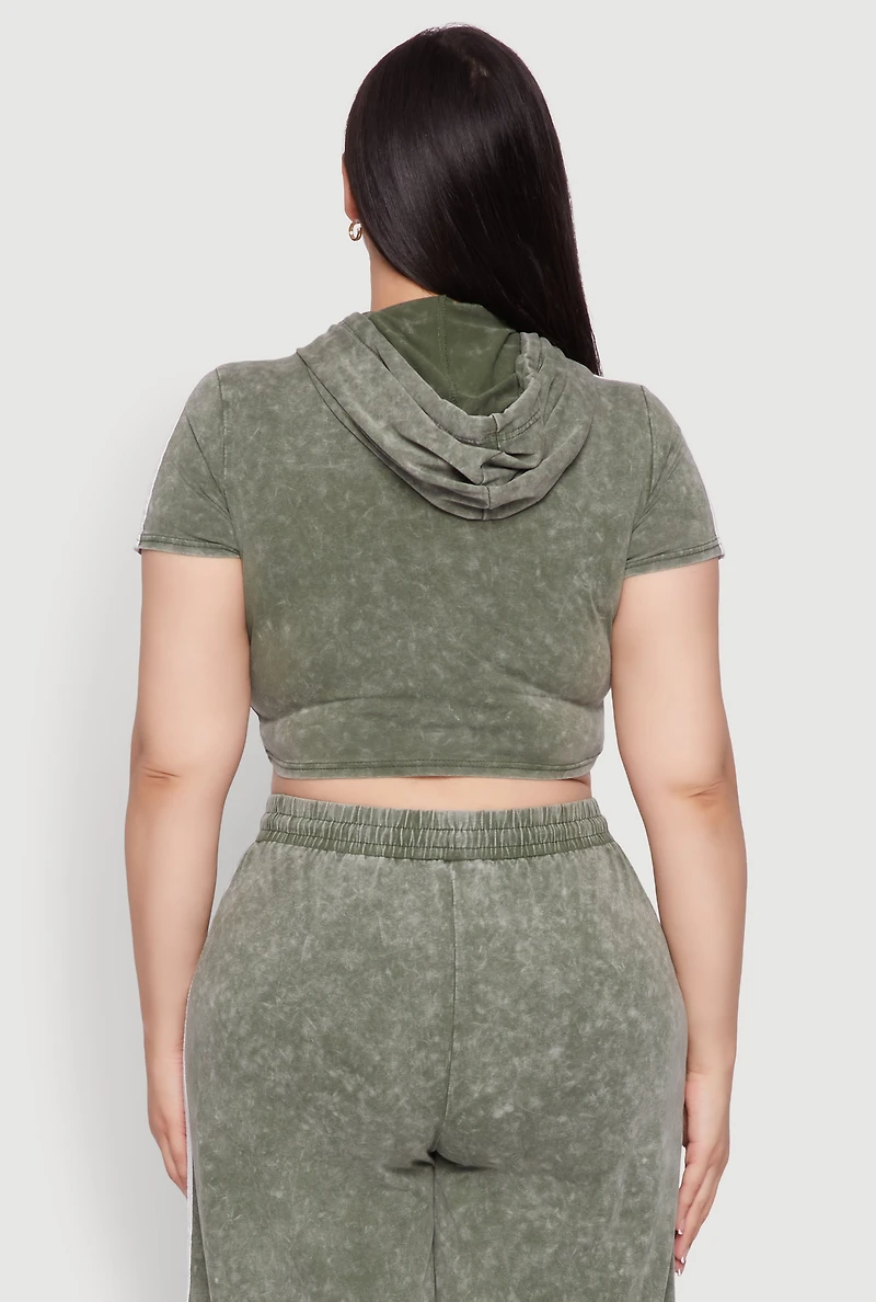 Womens Plus Daisy Mineral Wash Cropped Hooded T Shirt with Varsity Stripe, Green,