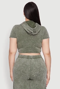 Womens Plus Daisy Mineral Wash Cropped Hooded T Shirt with Varsity Stripe, Green,