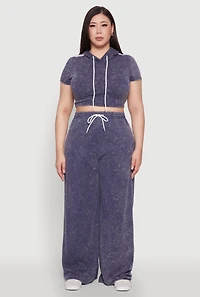 Womens Plus Size Daisy Mineral Wash Cropped Hooded T Shirt with Varsity Stripe, Blue, Size 3X