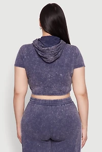 Womens Plus Size Daisy Mineral Wash Cropped Hooded T Shirt with Varsity Stripe, Blue, Size 3X