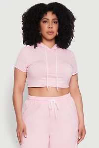 Womens Plus Size Daisy Mineral Wash Cropped Hooded T Shirt with Varsity Stripe, Pink, Size 1X