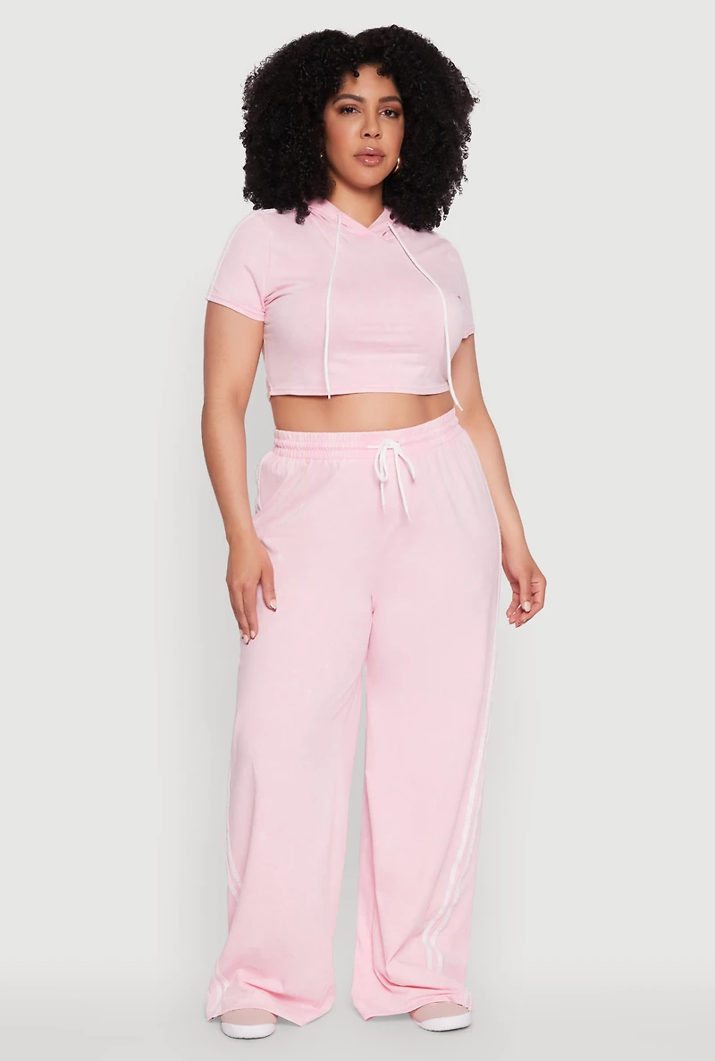 Womens Plus Size Daisy Mineral Wash Cropped Hooded T Shirt with Varsity Stripe, Pink, Size 1X