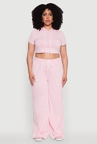 Womens Plus Size Daisy Mineral Wash Cropped Hooded T Shirt with Varsity Stripe, Pink, Size 1X