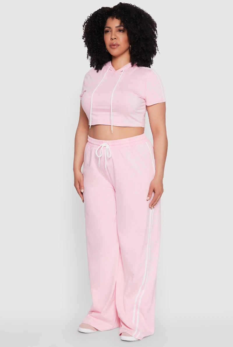 Womens Plus Size Daisy Mineral Wash Cropped Hooded T Shirt with Varsity Stripe, Pink, Size 1X