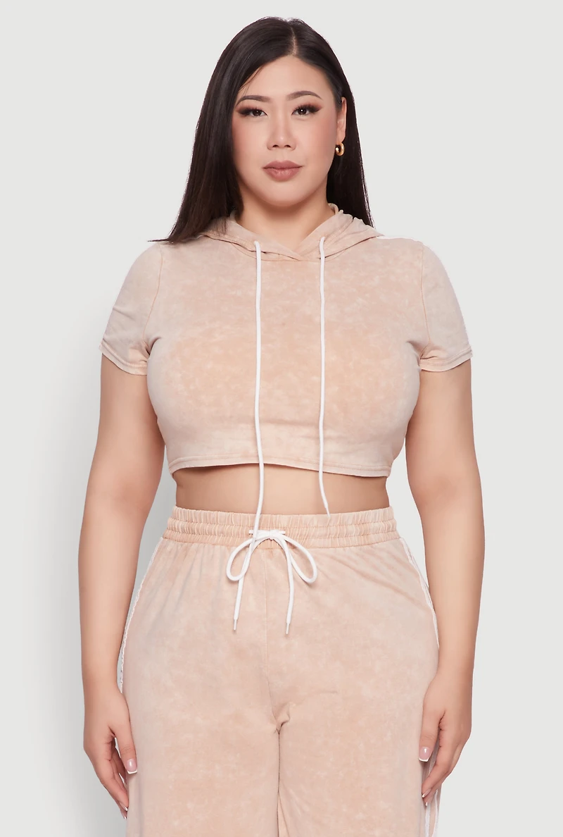 Womens Plus Size Daisy Mineral Wash Cropped Hooded T Shirt with Varsity Stripe, Beige, Size 3X