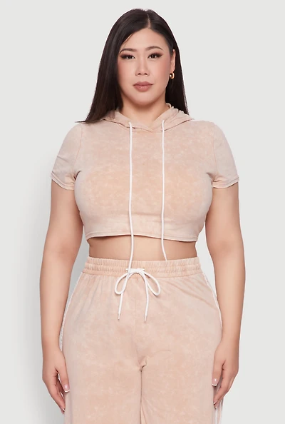 Womens Plus Size Daisy Mineral Wash Cropped Hooded T Shirt with Varsity Stripe, Beige, Size 3X