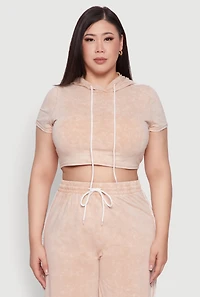 Womens Plus Size Daisy Mineral Wash Cropped Hooded T Shirt with Varsity Stripe, Beige, Size 3X