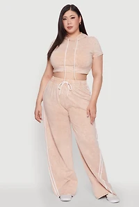 Womens Plus Size Daisy Mineral Wash Cropped Hooded T Shirt with Varsity Stripe, Beige, Size 3X
