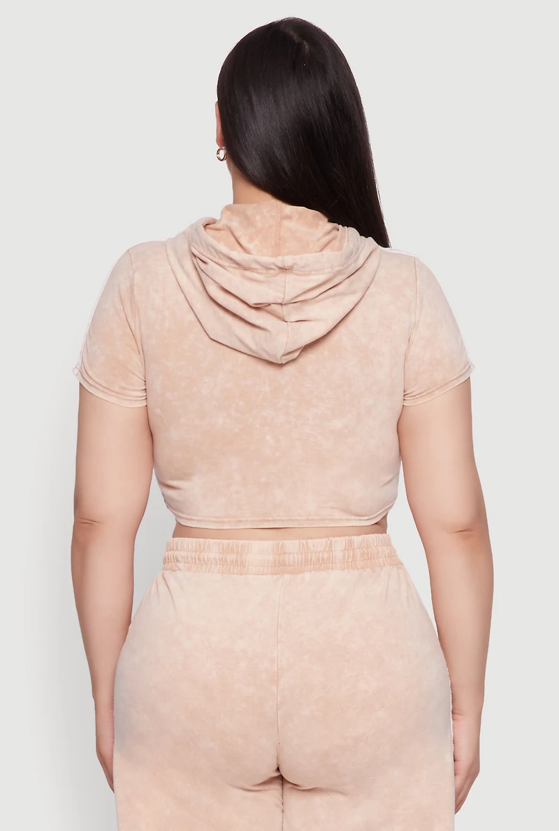 Womens Plus Size Daisy Mineral Wash Cropped Hooded T Shirt with Varsity Stripe, Beige, Size 3X