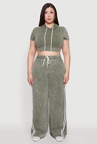 Womens Plus Size Daisy High Waisted Wide Leg Casual Pants with Varsity Stripe, Green, Size 3X