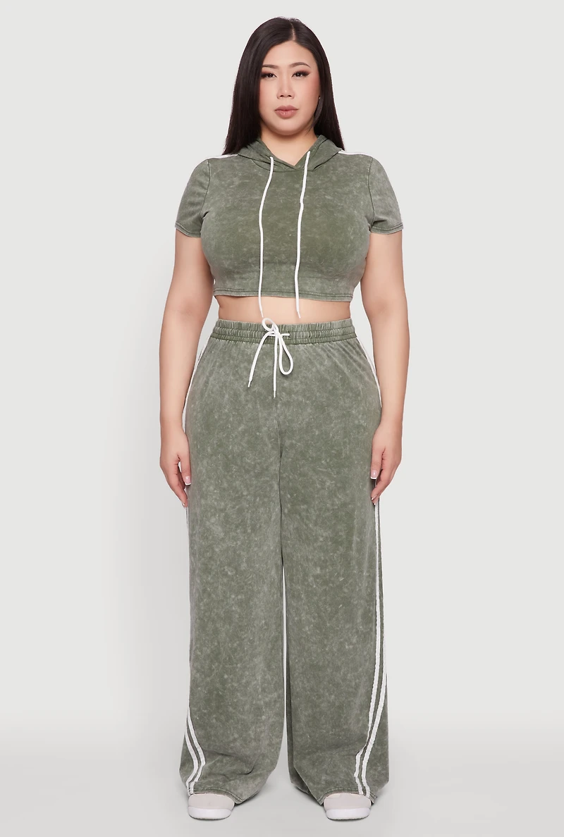 Womens Plus Size Daisy High Waisted Wide Leg Casual Pants with Varsity Stripe, Green, Size 1X