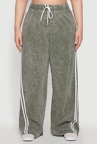 Womens Plus Size Daisy High Waisted Wide Leg Casual Pants with Varsity Stripe, Green, Size 3X