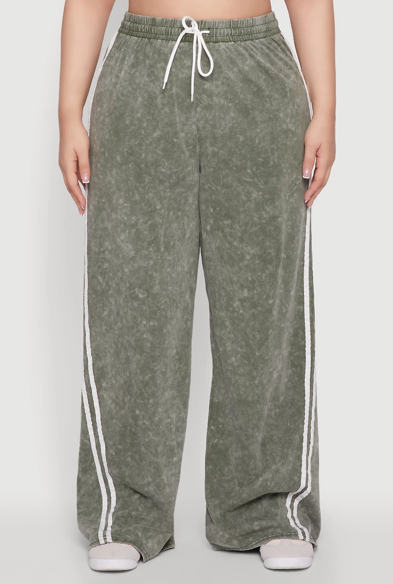 Womens Plus Size Daisy High Waisted Wide Leg Casual Pants with Varsity Stripe, Green, Size 1X