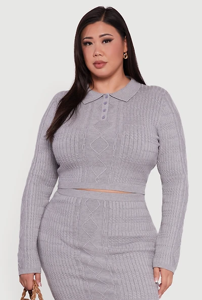 Plus Long Sleeve Polo Collar Cable Knit Sweater